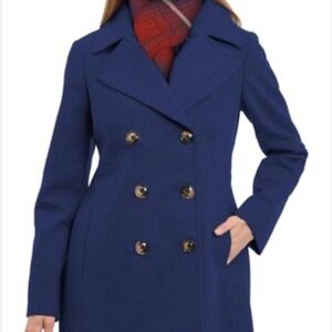 London Fog, Double Breasted, Ladies Sapphire Blue Peacoat with Scarf,  LG NWT
